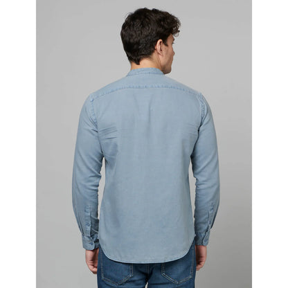 Blue Solid Cotton-Linen-Blend Shirt