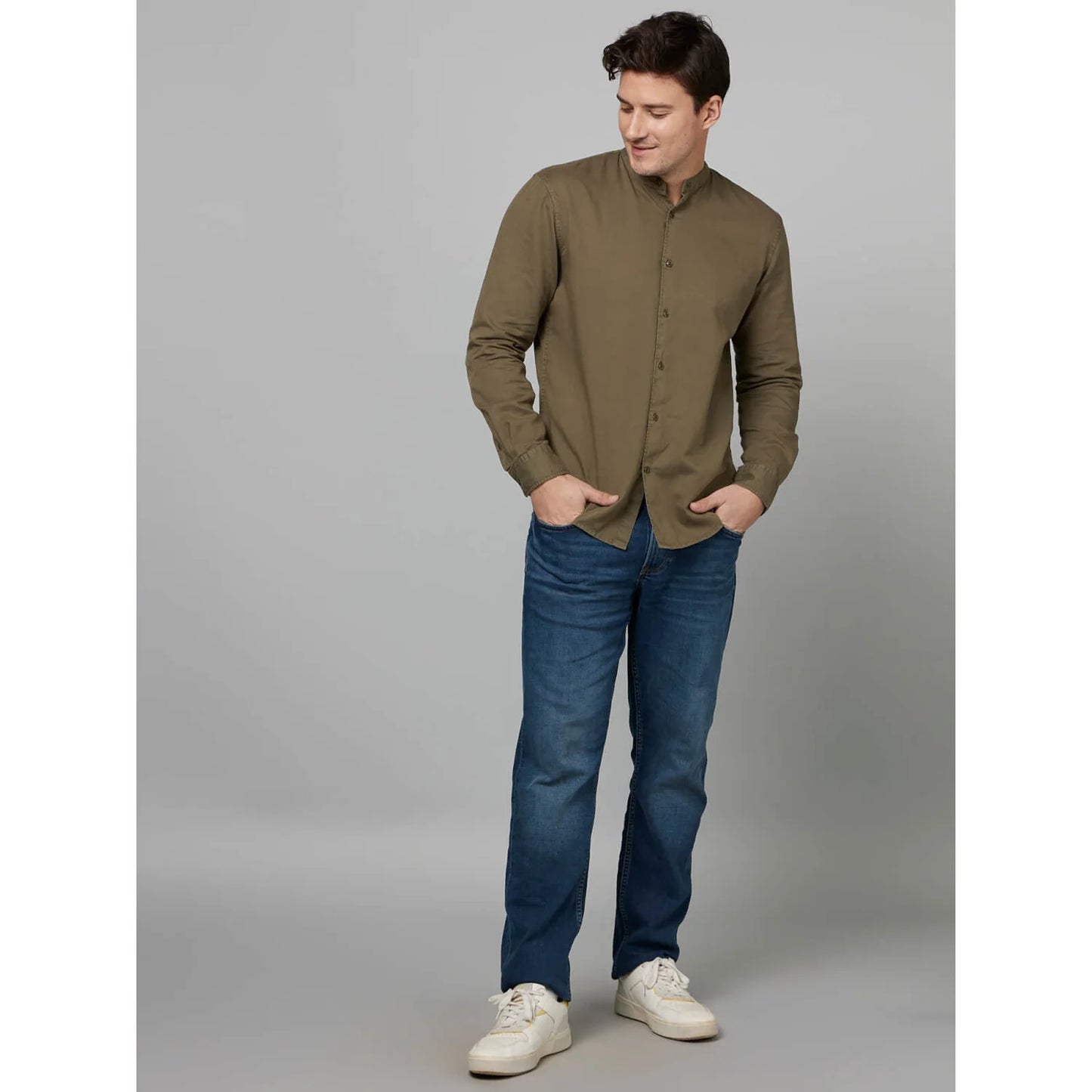 Khaki Solid Cotton-Linen-Blend Shirt