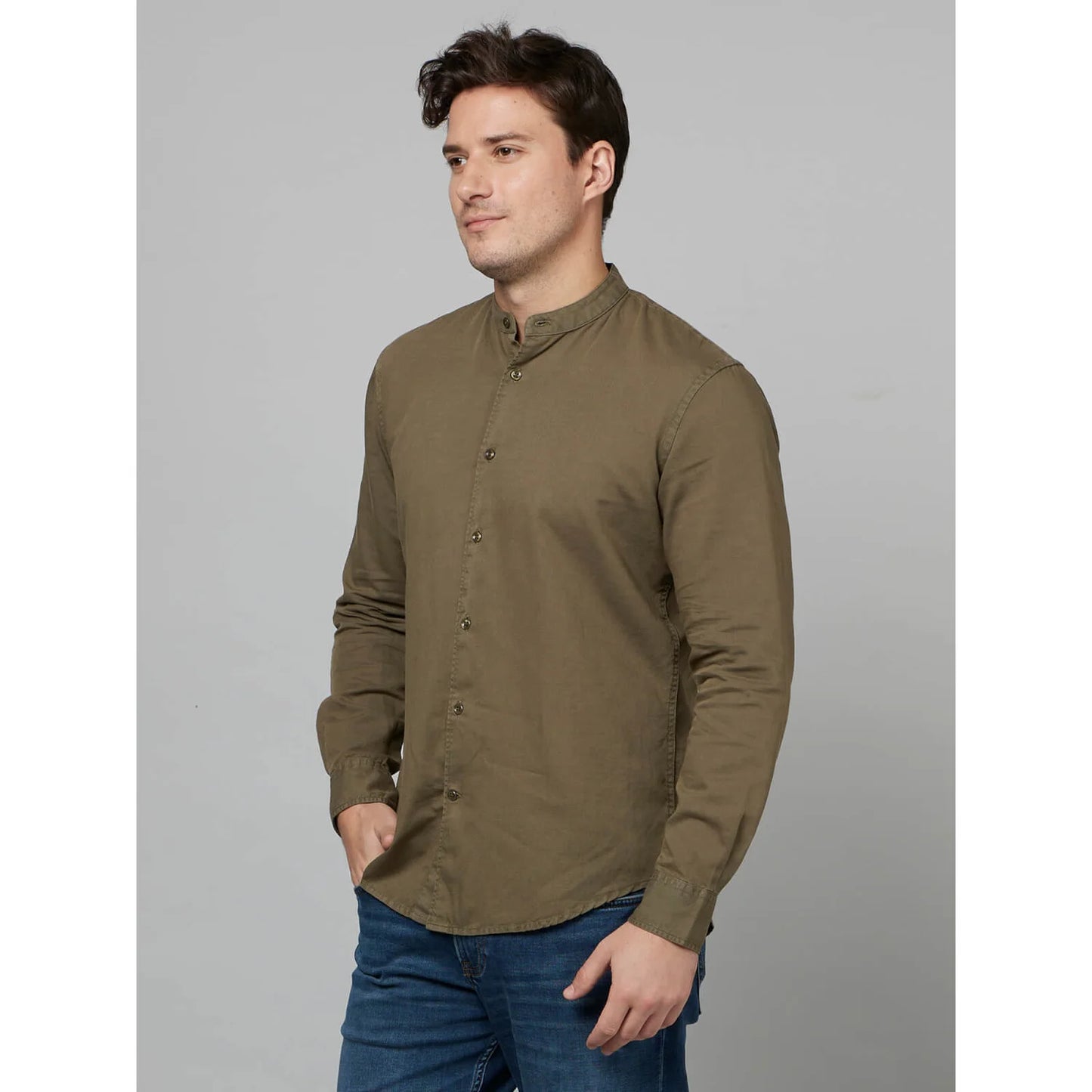 Khaki Solid Cotton-Linen-Blend Shirt