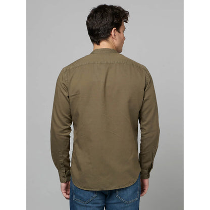 Khaki Solid Cotton-Linen-Blend Shirt