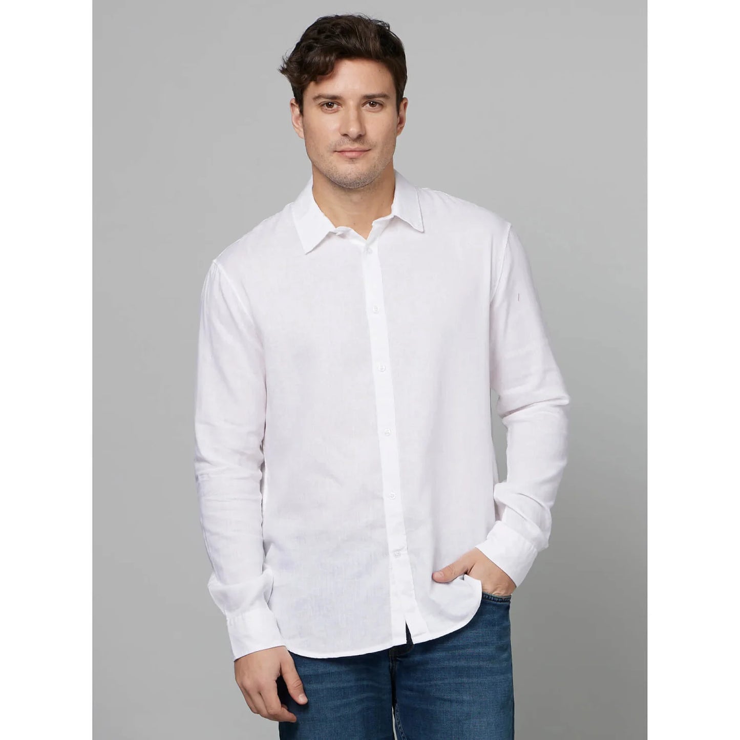 White Solid Linen-Blend Shirt