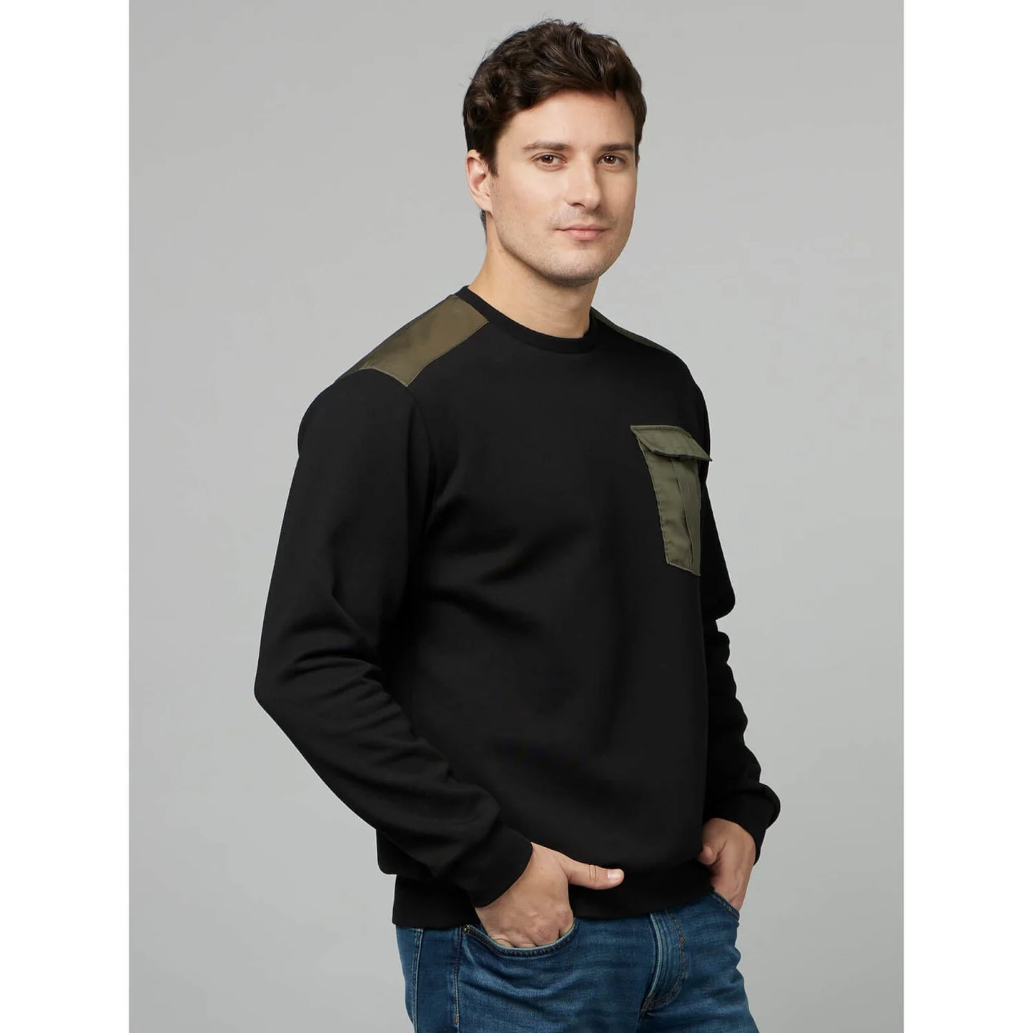 Black Solid Cotton Blend Sweatshirt