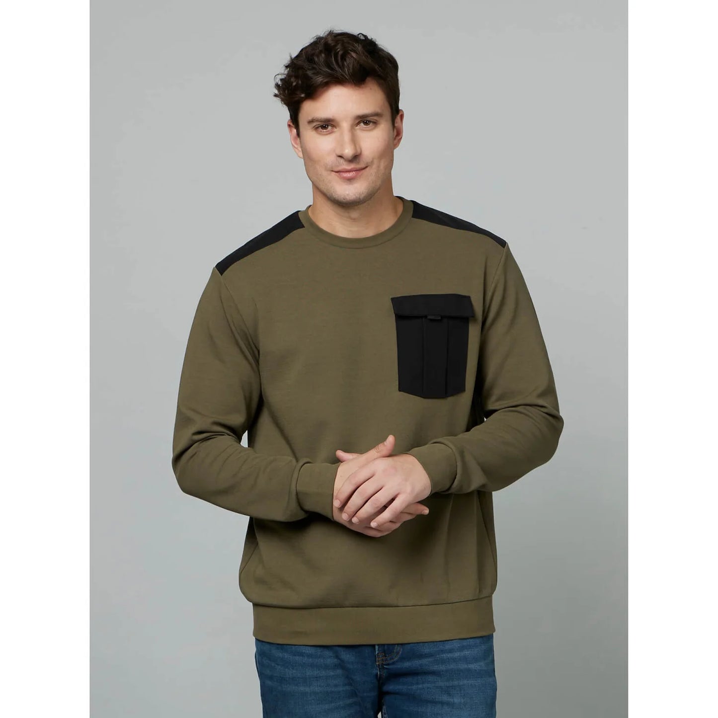 Olive Solid Cotton Blend Sweatshirt