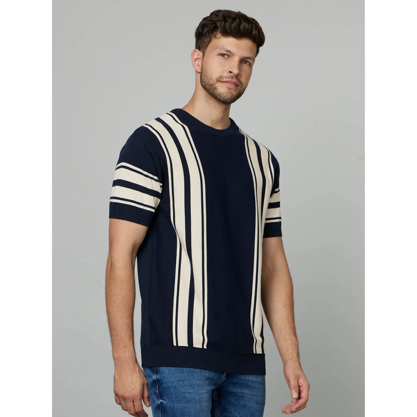 Cream Striped Cotton T-shirt