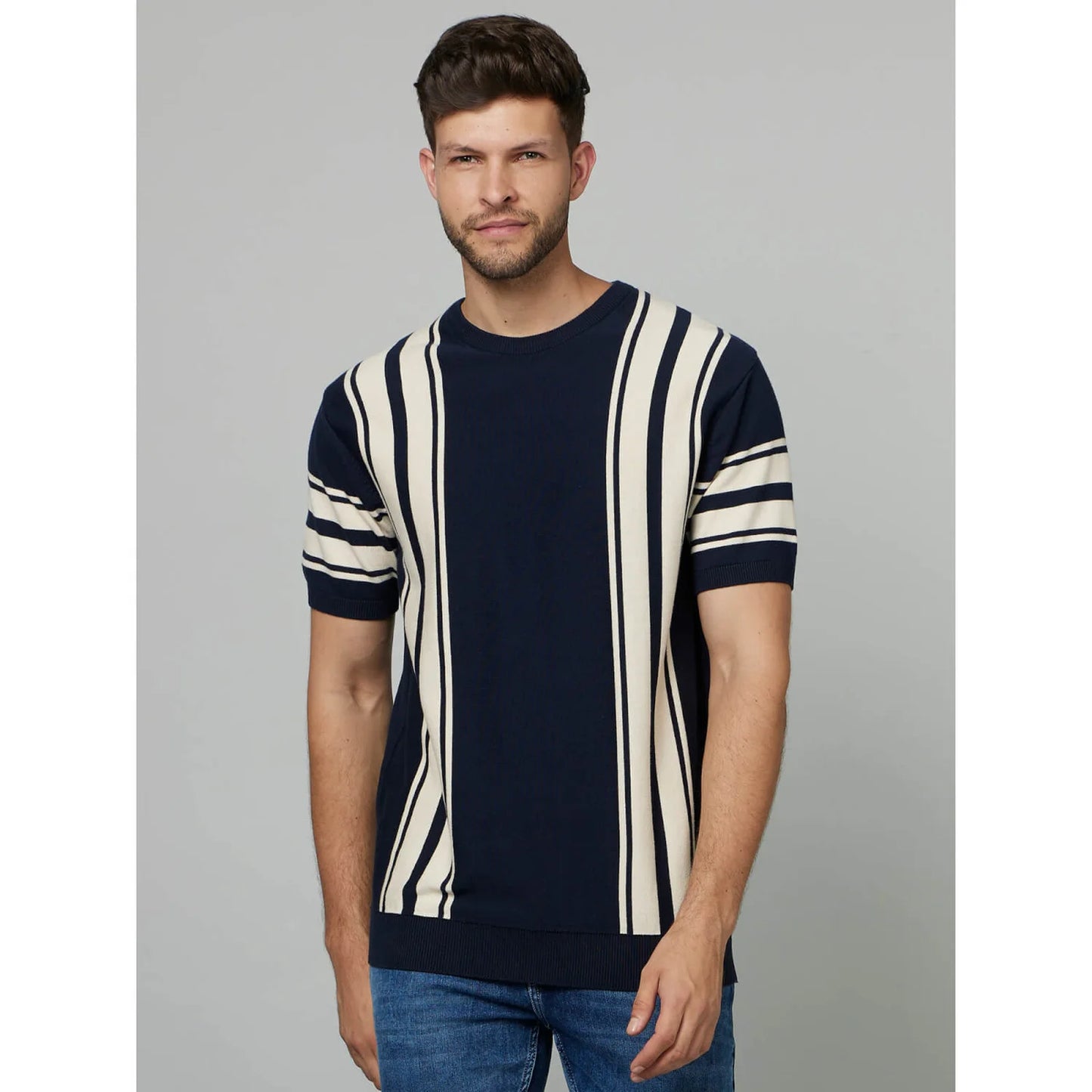 Cream Striped Cotton T-shirt