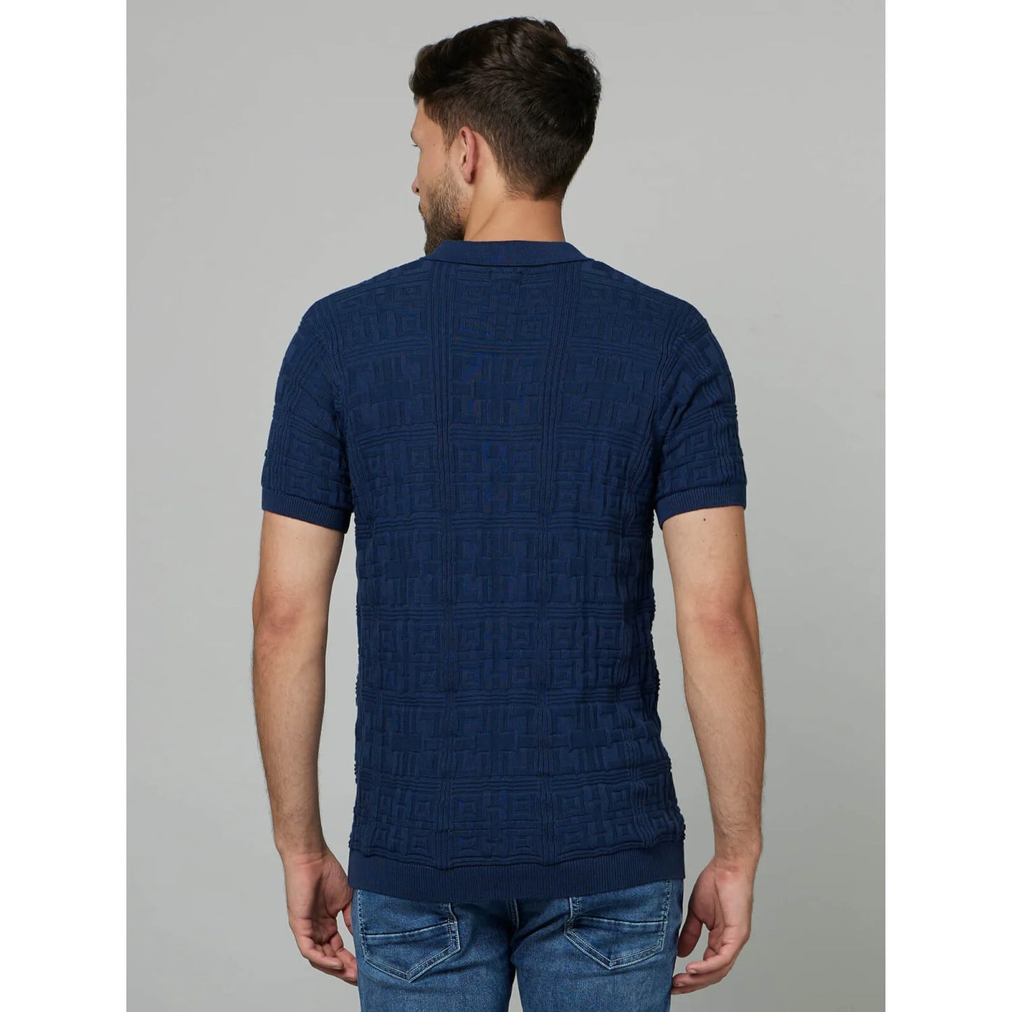 Blue Textured Cotton Polo