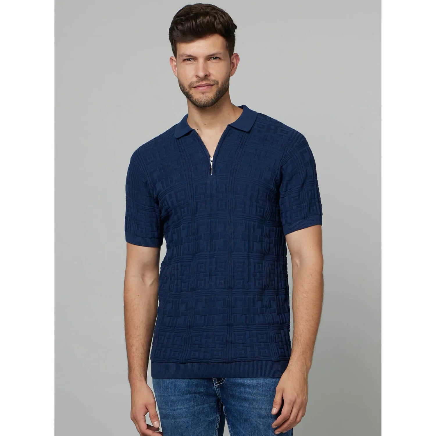 Blue Textured Cotton Polo