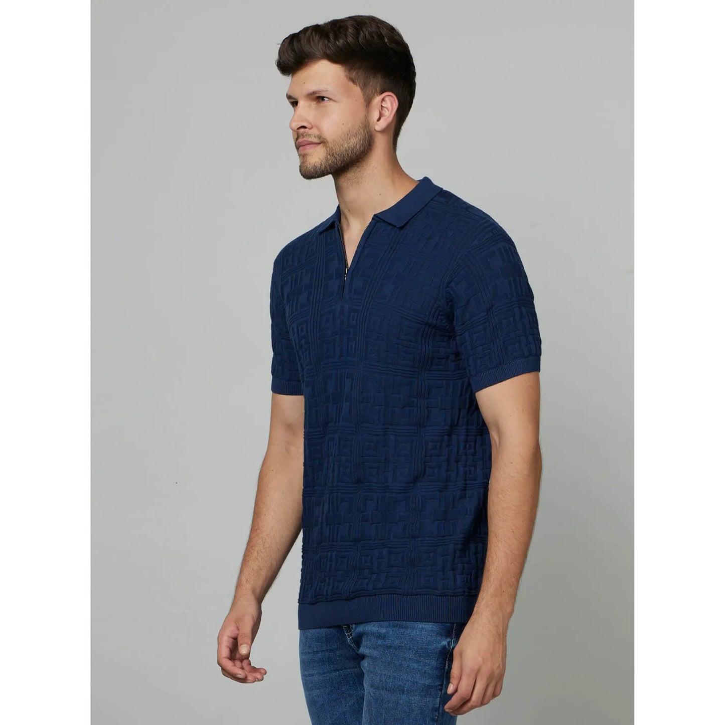 Blue Textured Cotton Polo