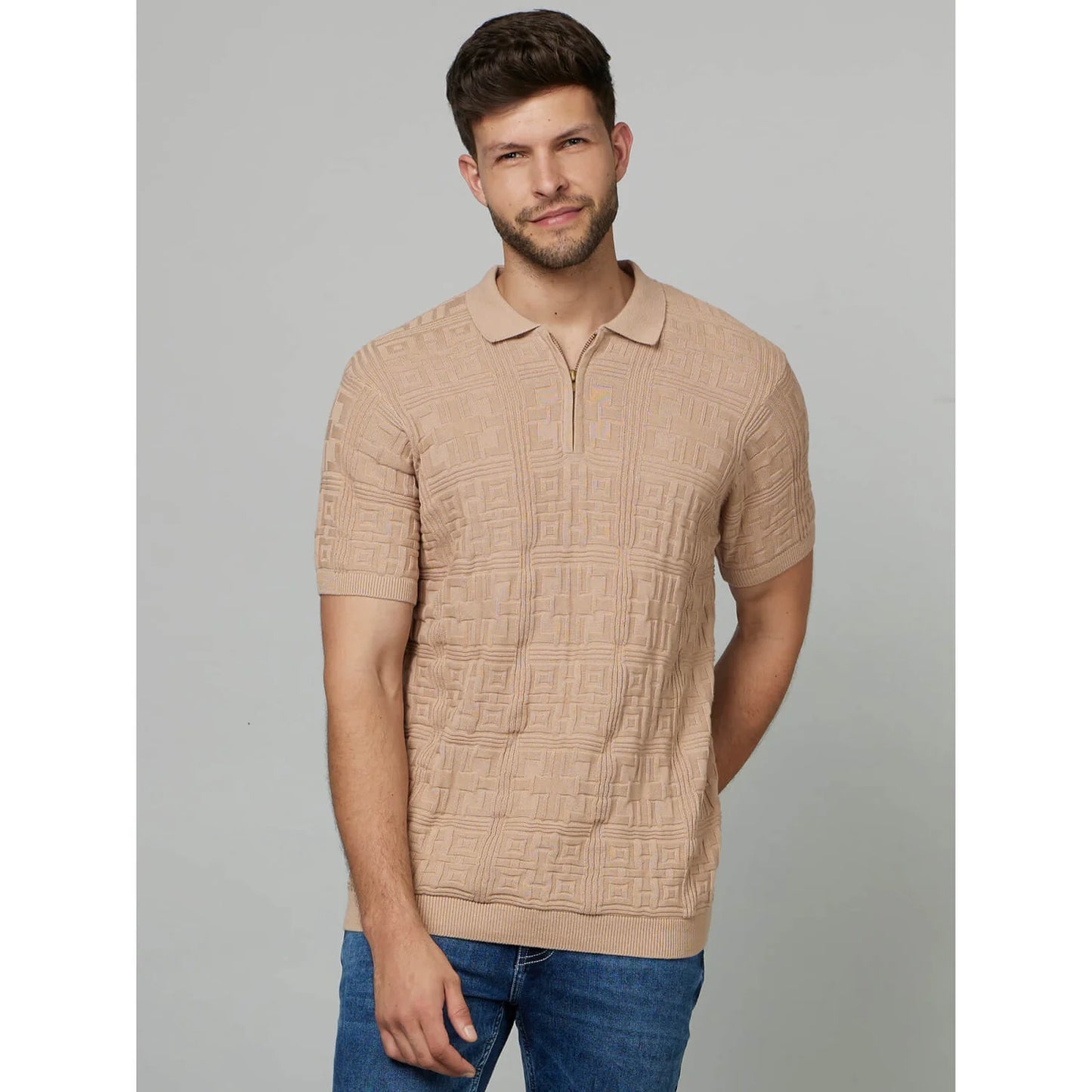 Beige Textured Cotton Polo