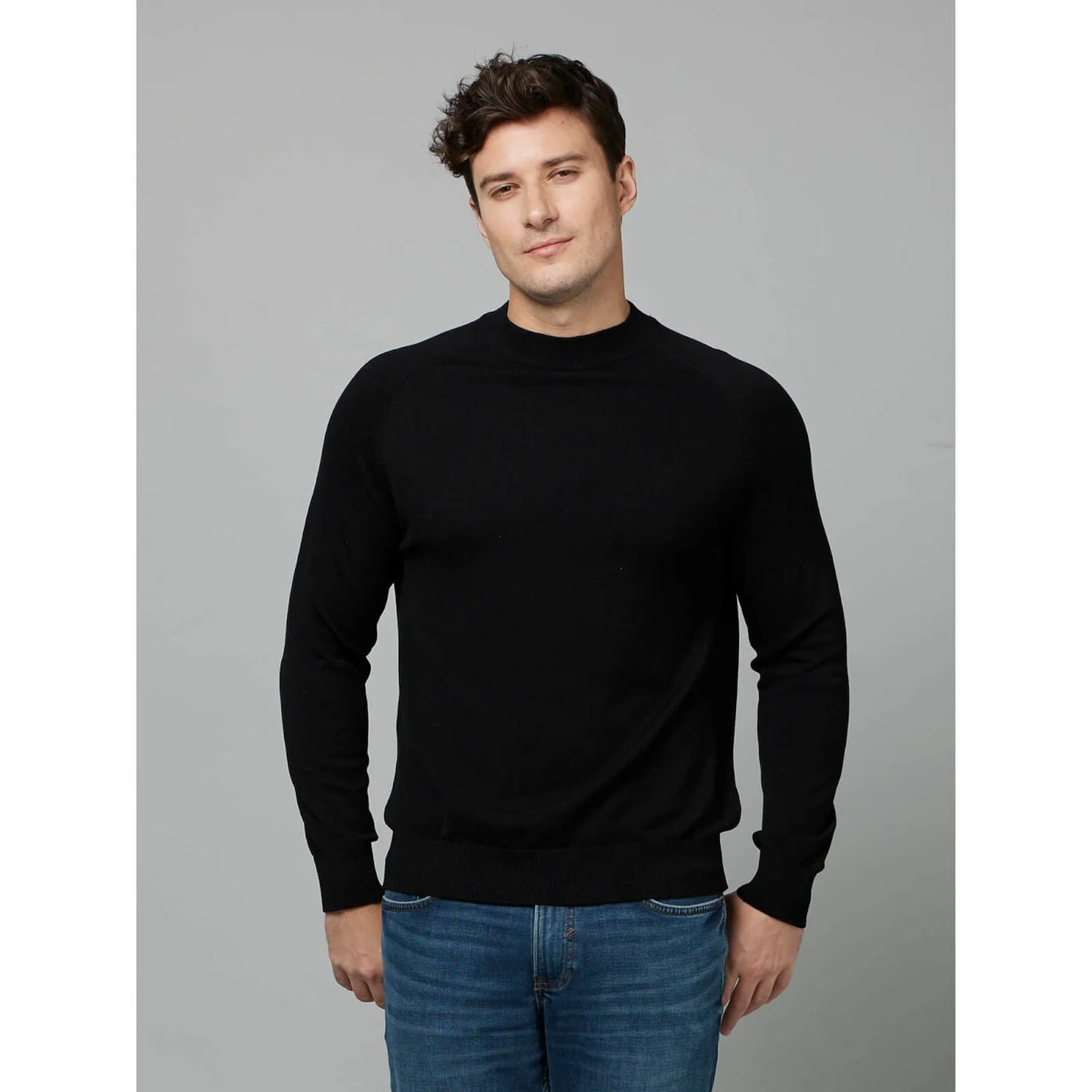 Black Solid Viscose-Blend Sweater