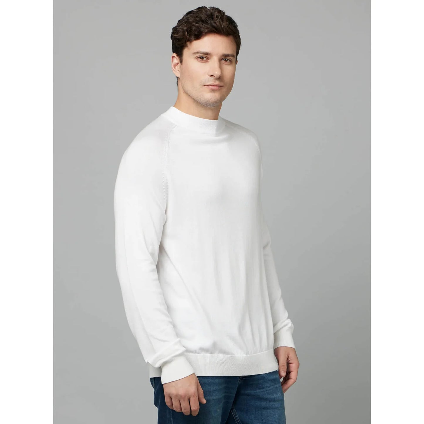 Off White Solid Viscose-Blend Sweater