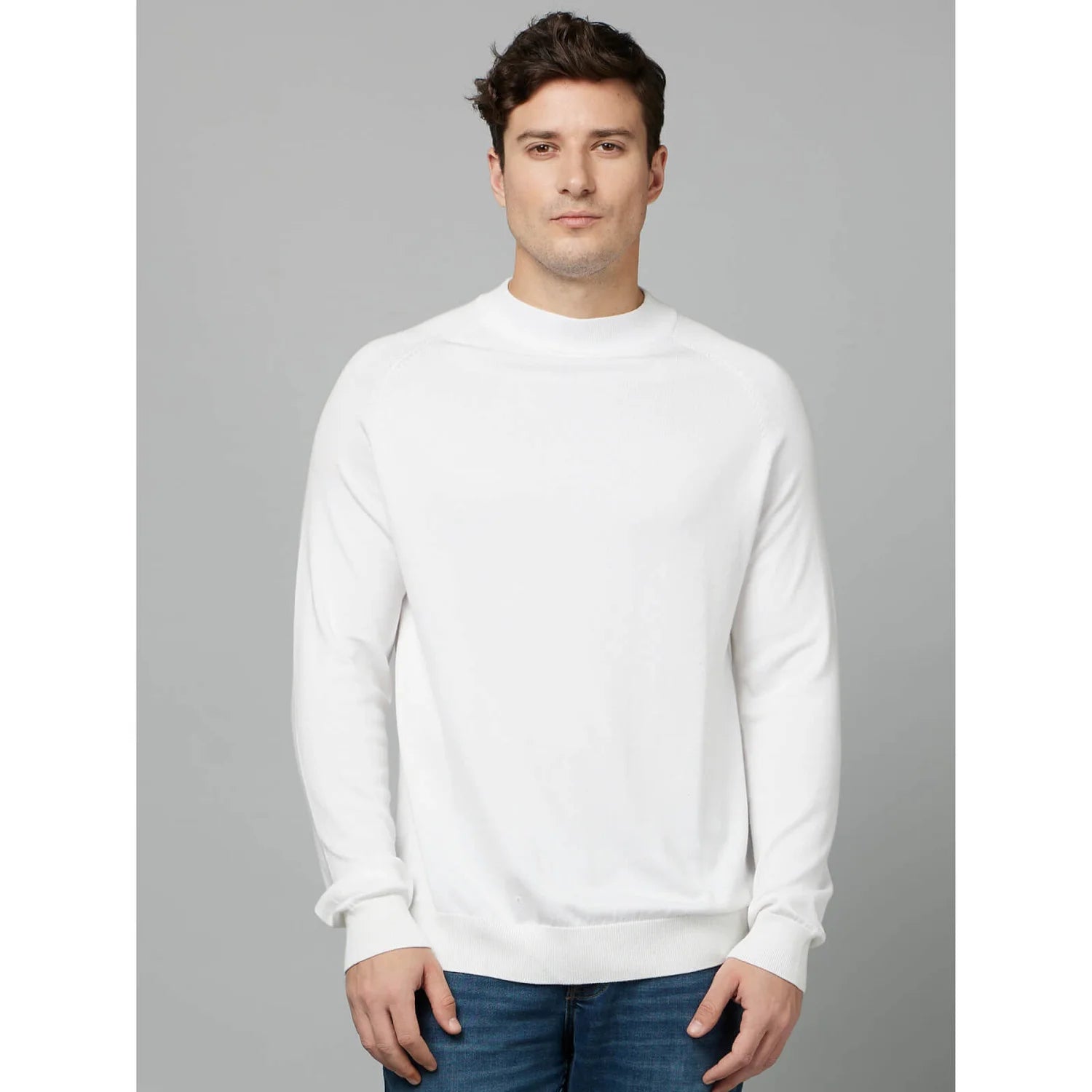 Off White Solid Viscose-Blend Sweater