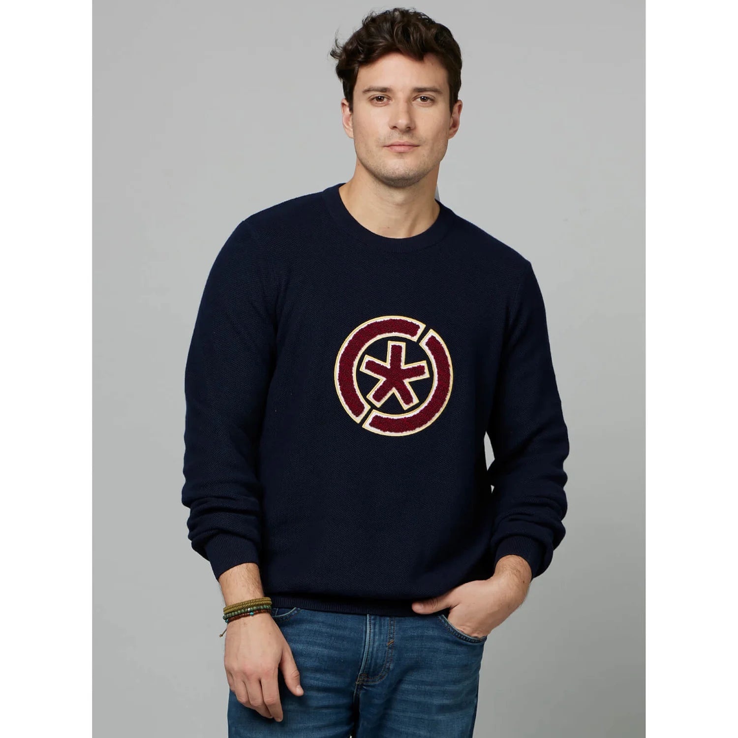 Navy Blue Graphic Printed Cotton Sweater