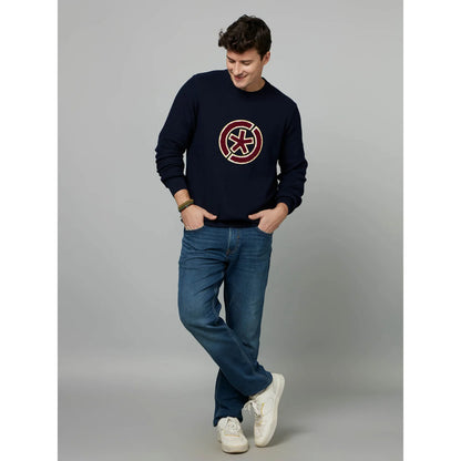 Navy Blue Graphic Printed Cotton Sweater