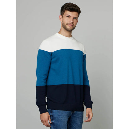 Navy Blue Colourblock Cotton Sweater