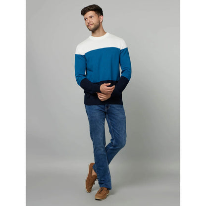 Navy Blue Colourblock Cotton Sweater