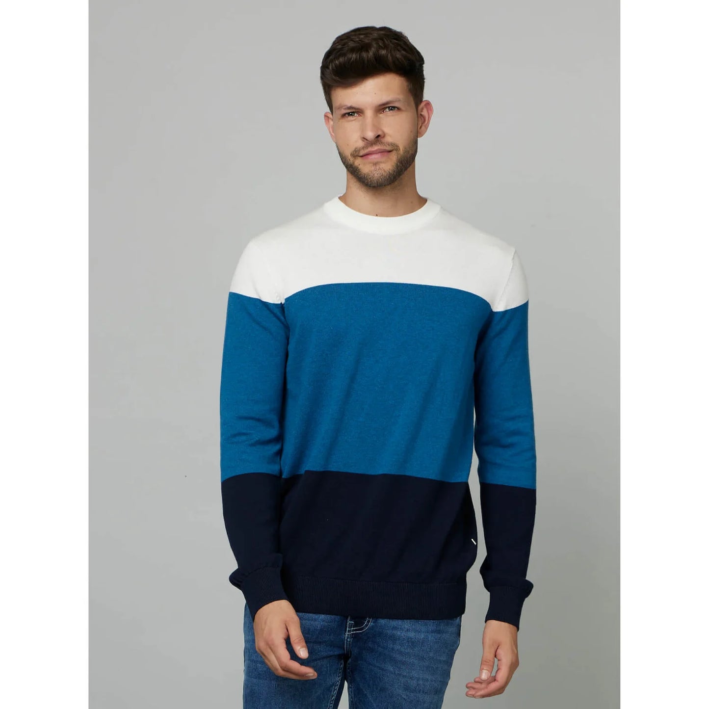 Navy Blue Colourblock Cotton Sweater