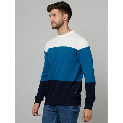 Navy Blue Colourblock Cotton Sweater