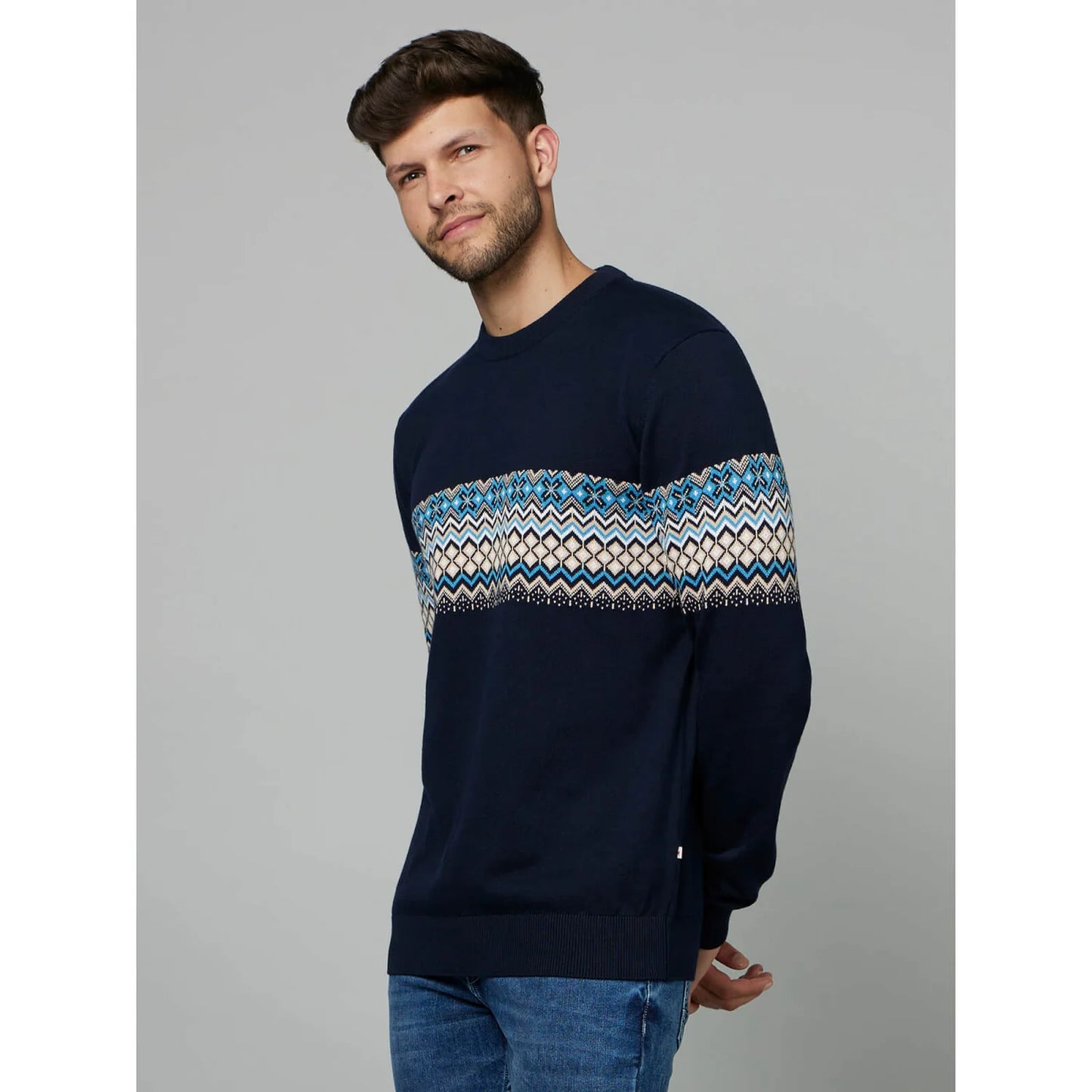 Navy Blue Geometric Printed Cotton Sweater