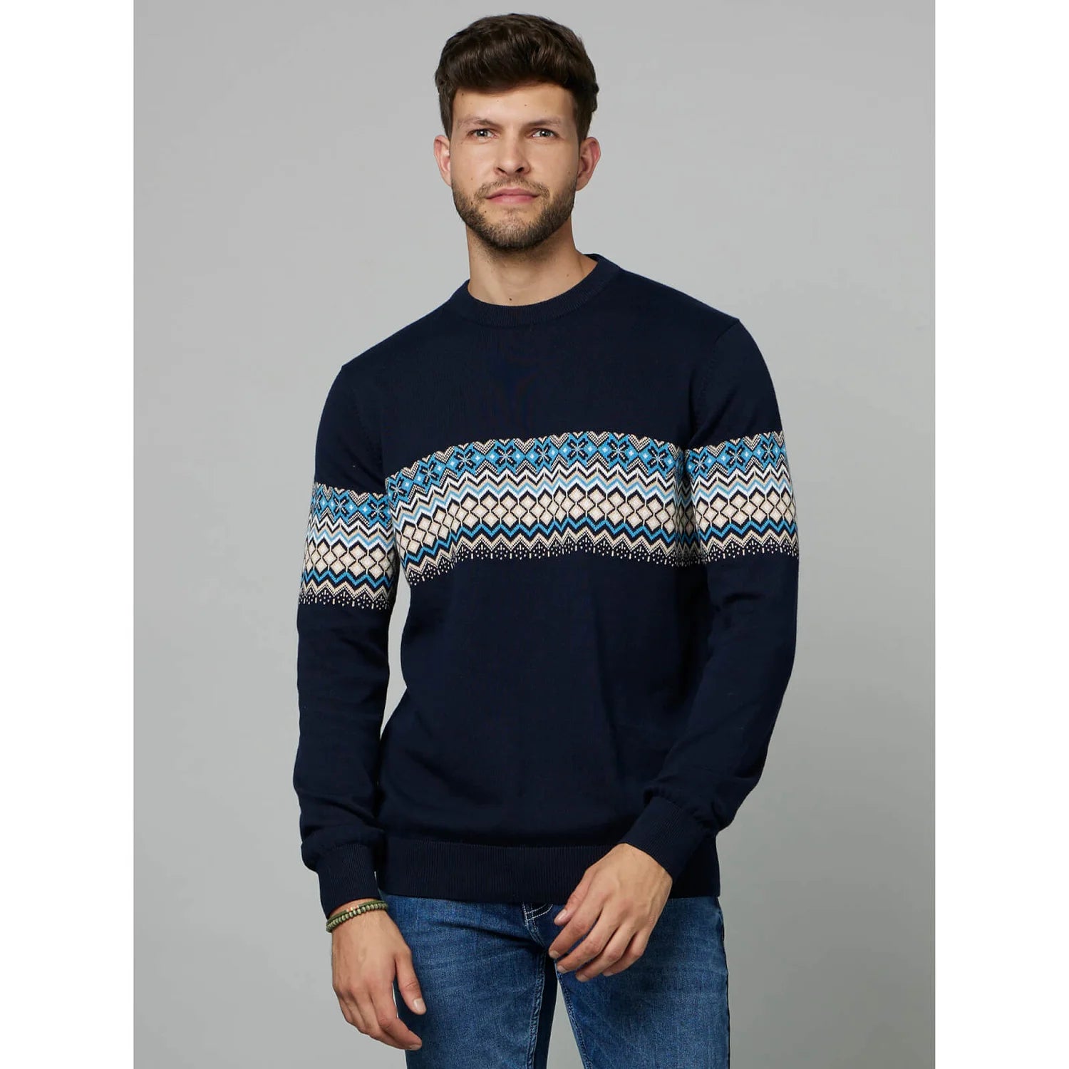 Navy Blue Geometric Printed Cotton Sweater