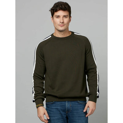 Celio* Striped Regular Fit Cotton Green Sweater