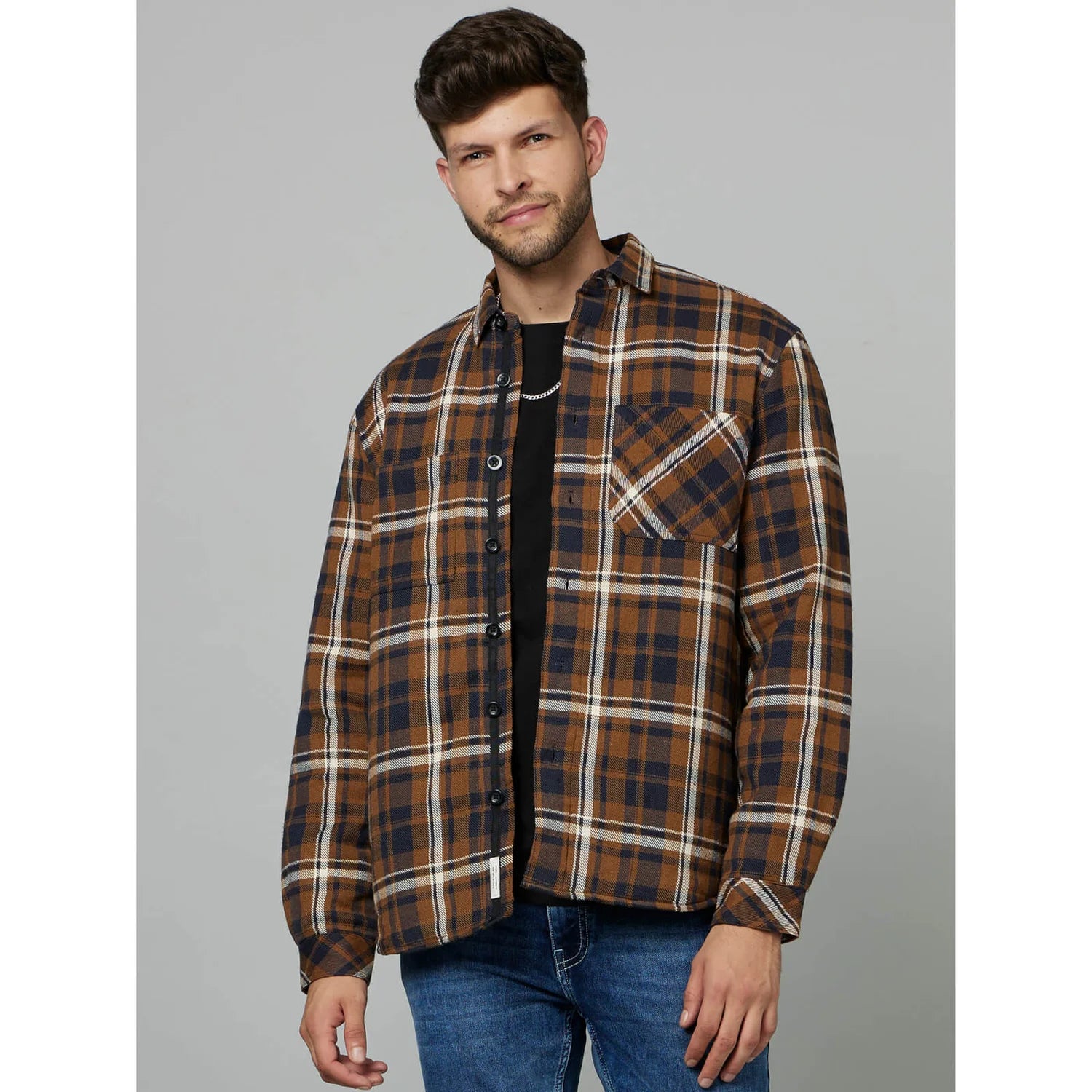 Brown Checks Cotton Jacket