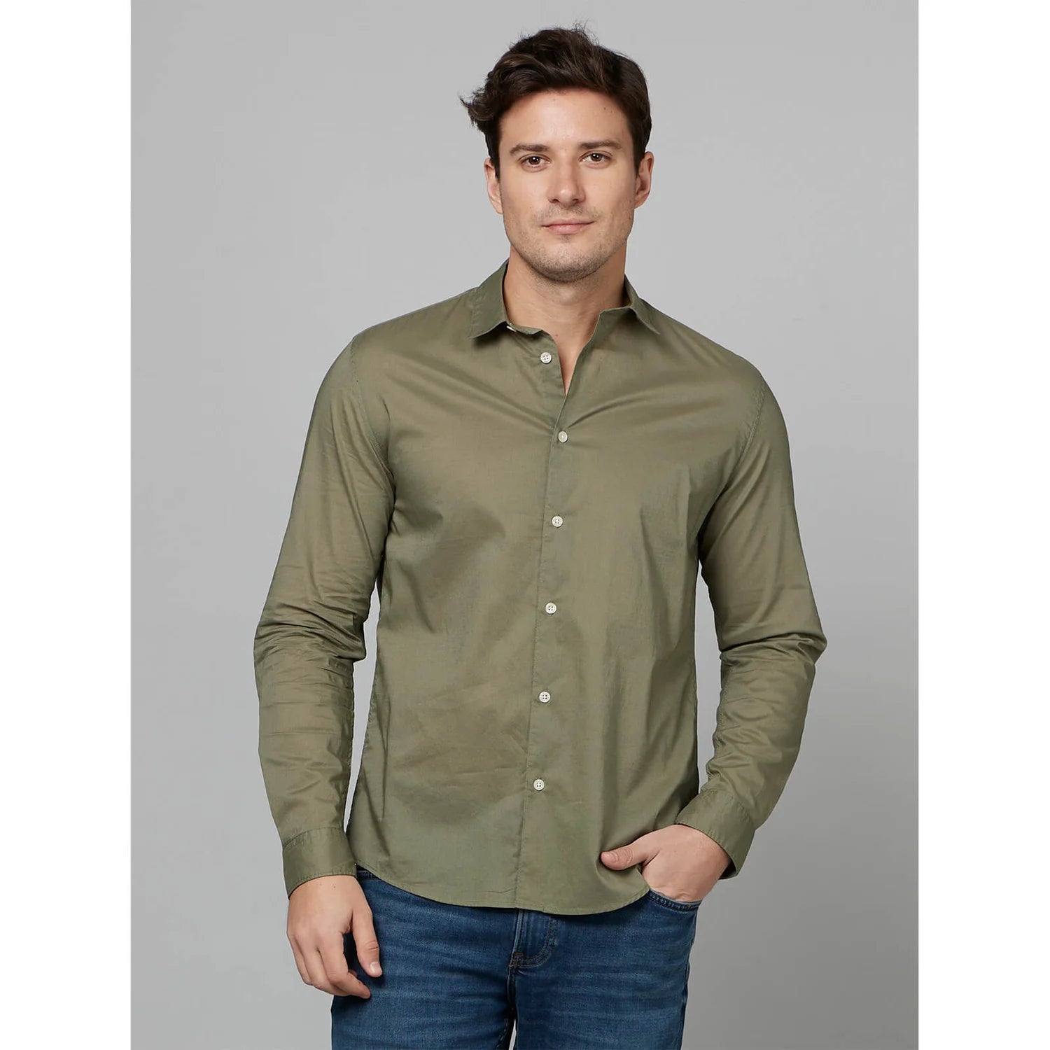 Cream Solid Cotton Shirt