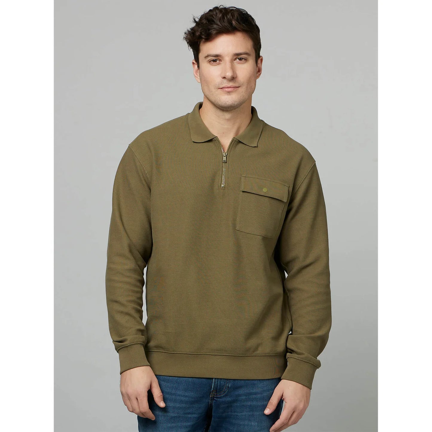 Khaki Solid Cotton Sweater