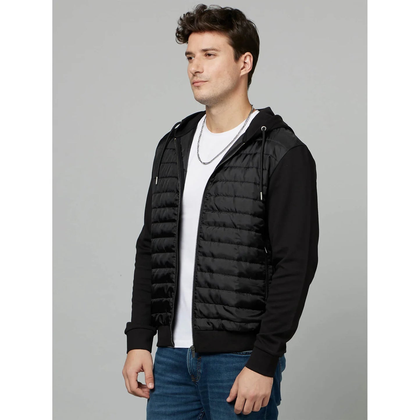 Black Solid Cotton-Poly-Blend Jacket