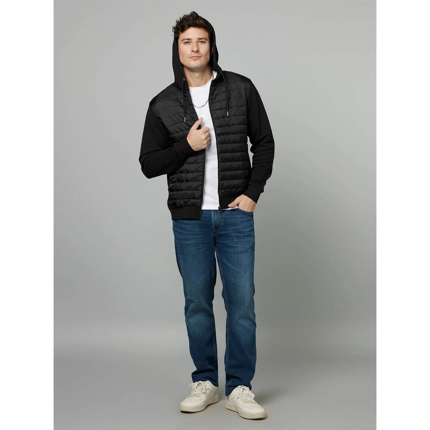 Black Solid Cotton-Poly-Blend Jacket