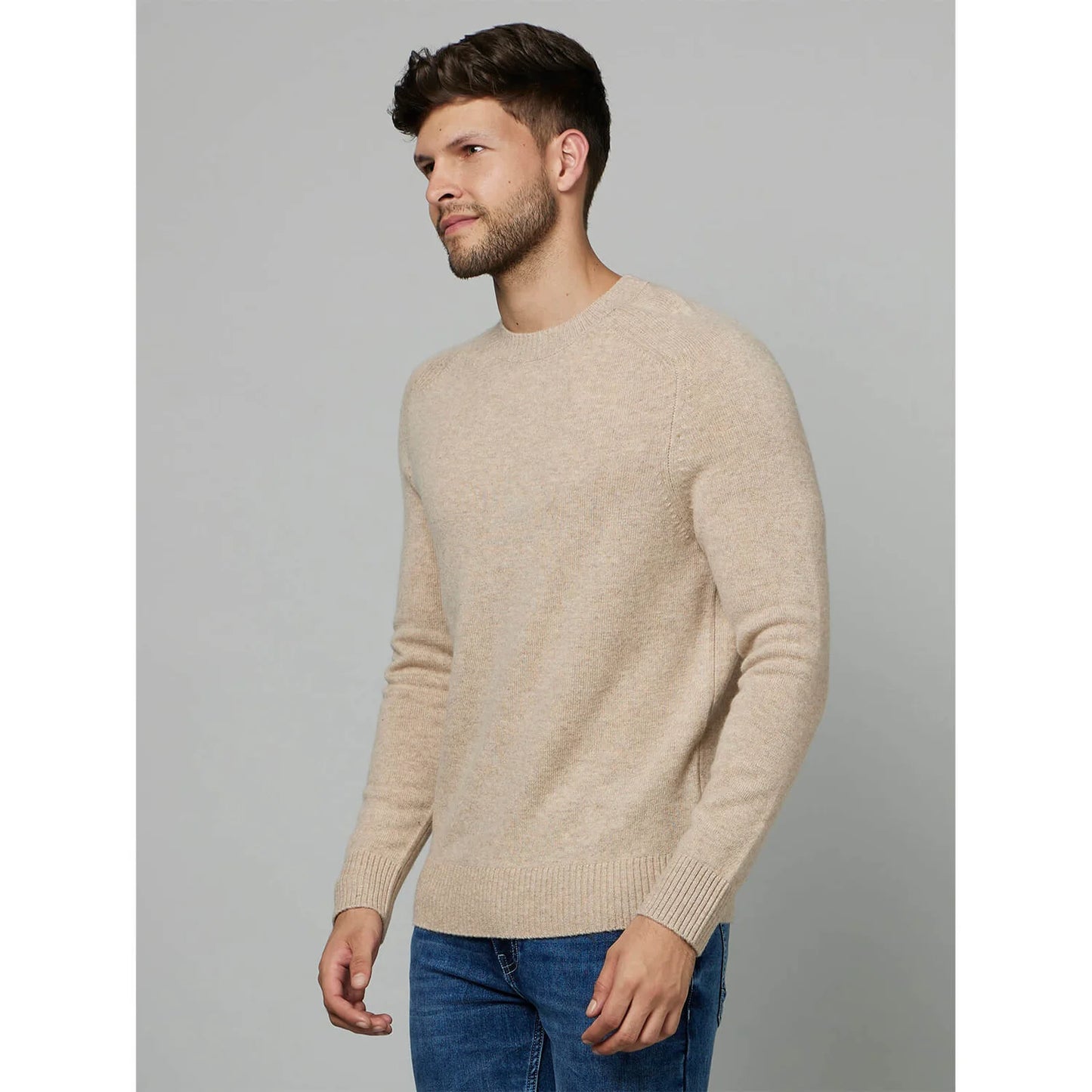 Cream Solid Cotton-Poly-Blend Sweater