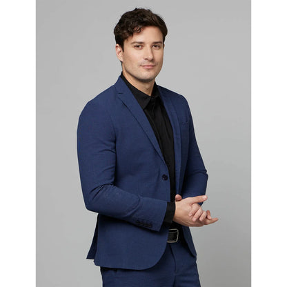 Navy Blue Textured Cotton Blend Blazer