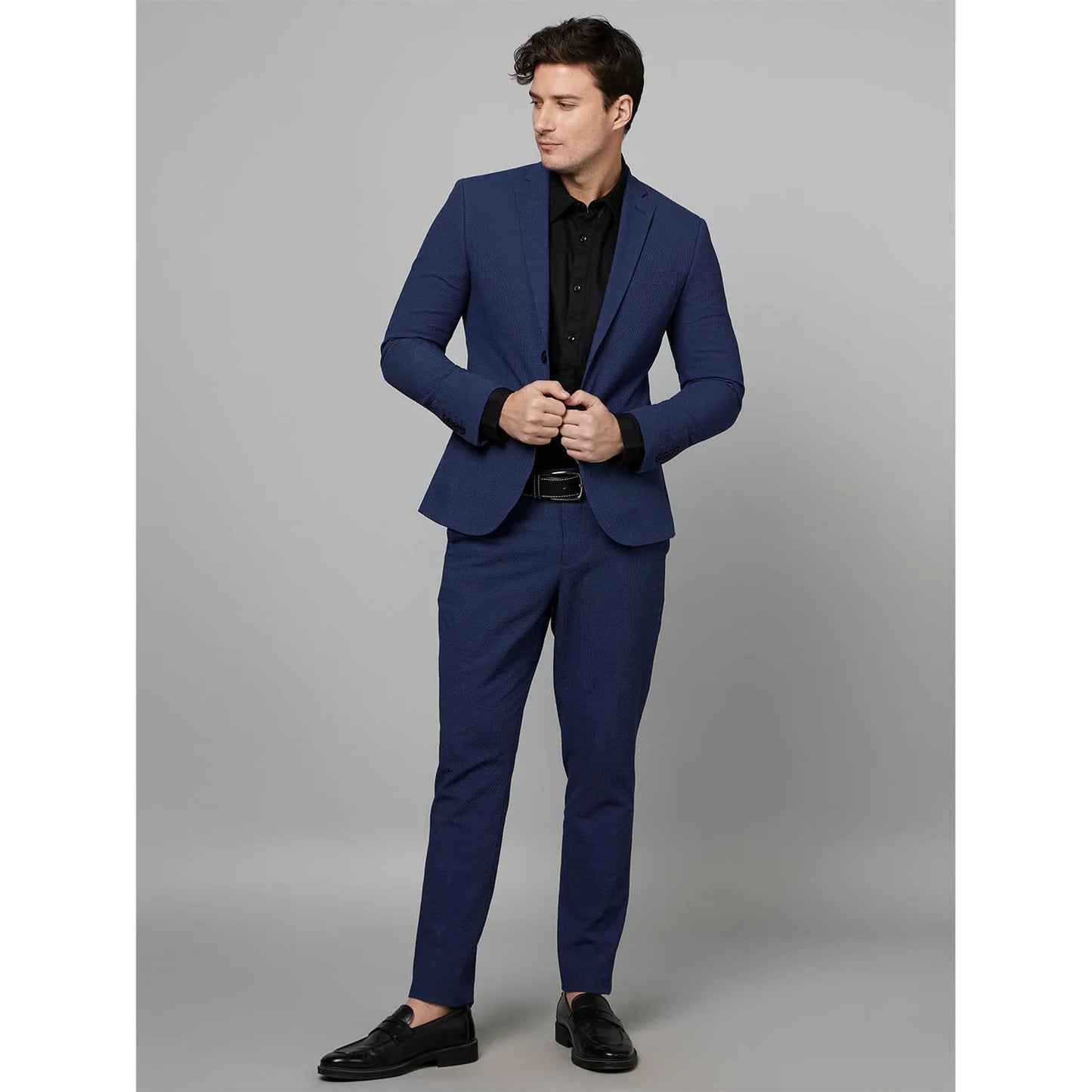 Navy Blue Textured Cotton Blend Blazer