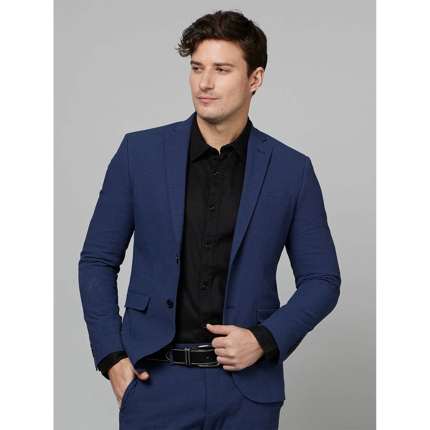 Navy Blue Textured Cotton Blend Blazer