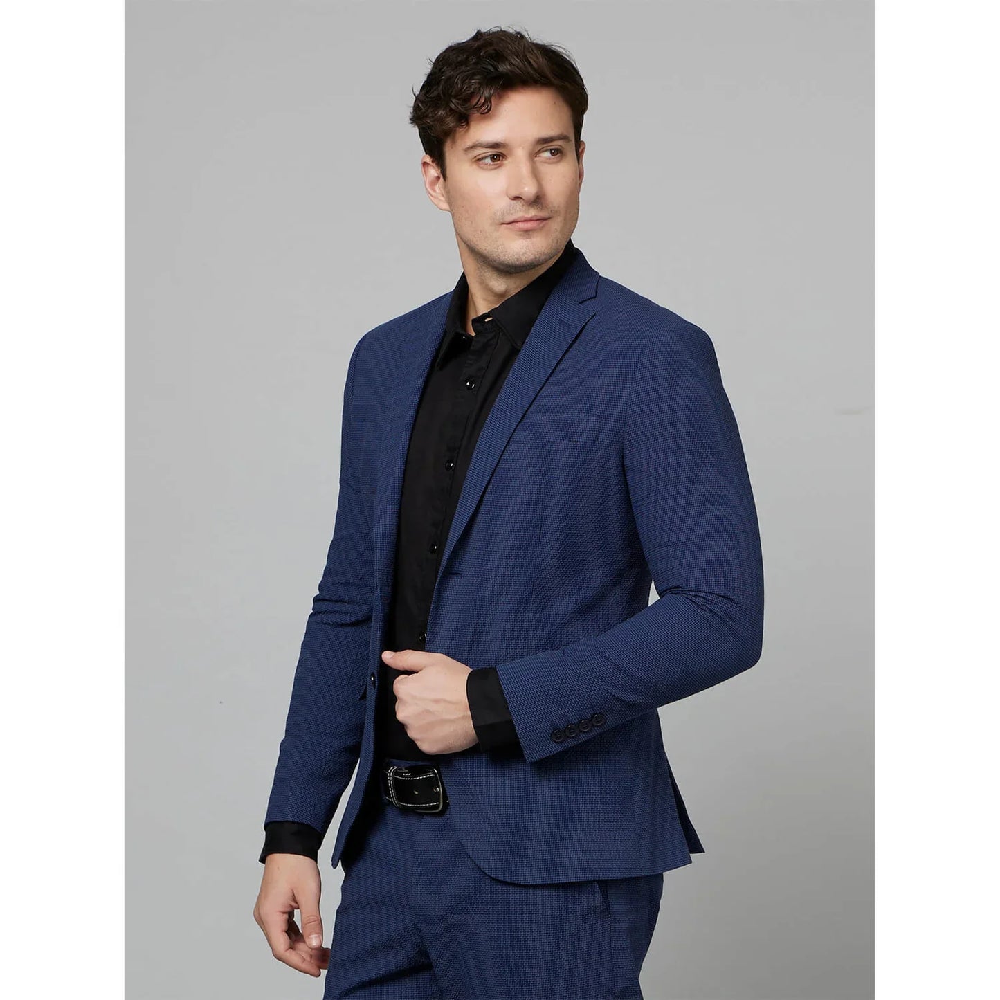 Navy Blue Textured Cotton Blend Blazer