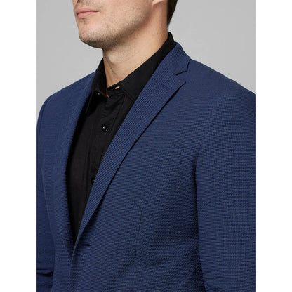 Navy Blue Textured Cotton Blend Blazer