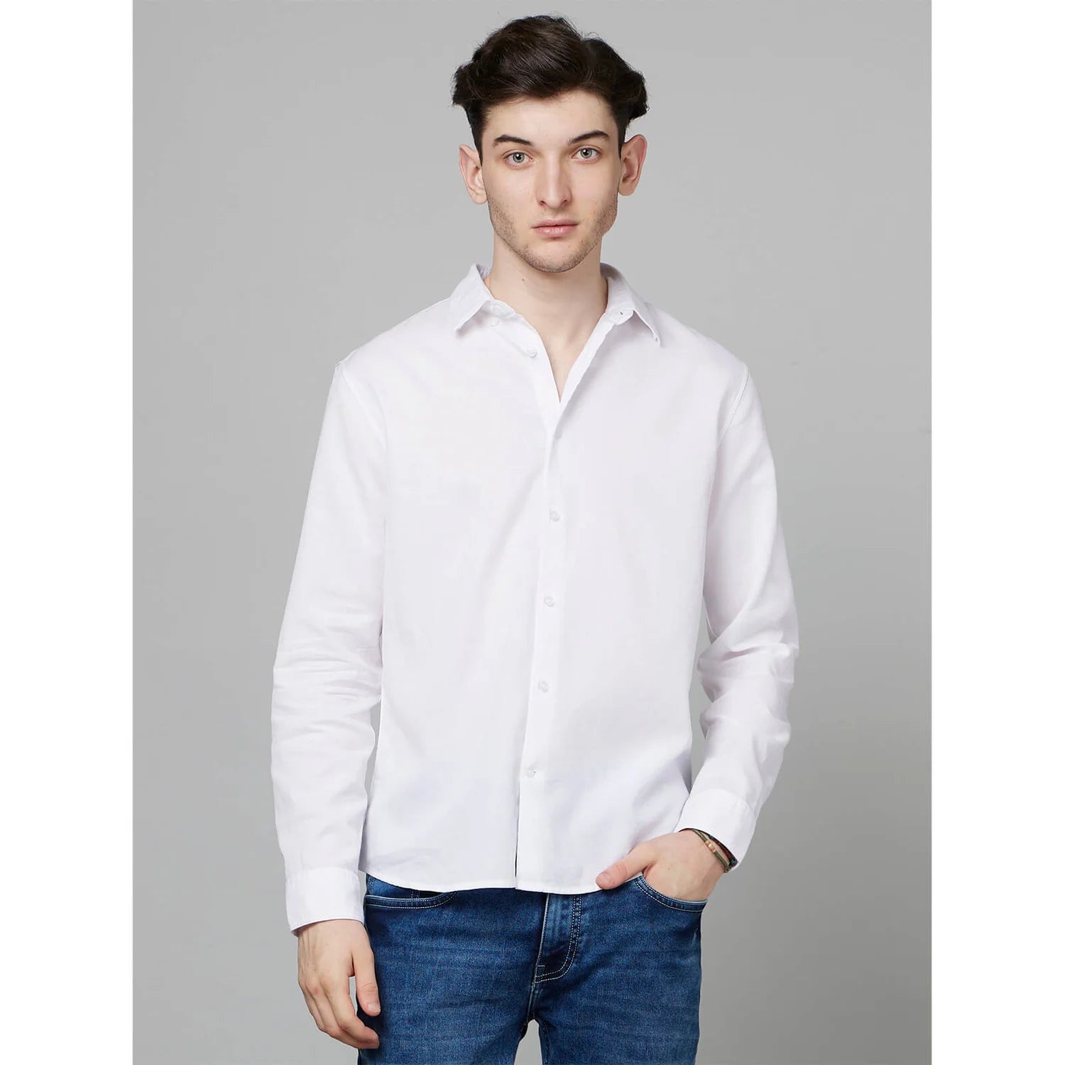 Cream Solid Cotton Shirt