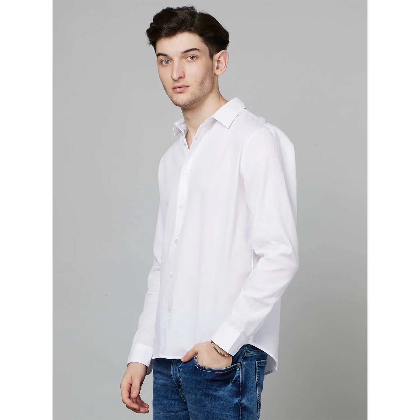 Cream Solid Cotton Shirt