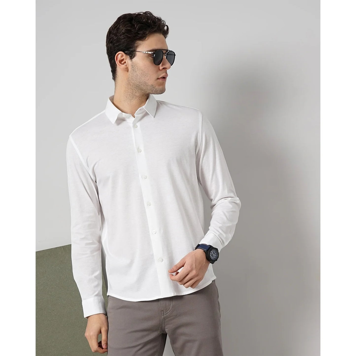 Cream Solid Cotton Shirt