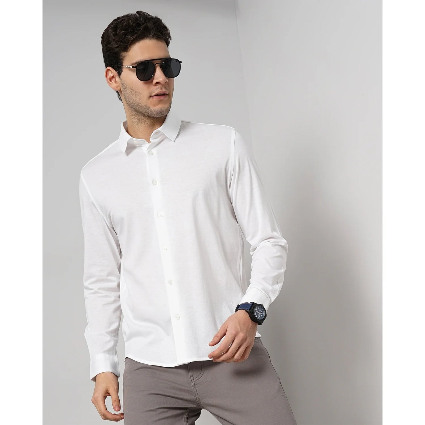 Cream Solid Cotton Shirt