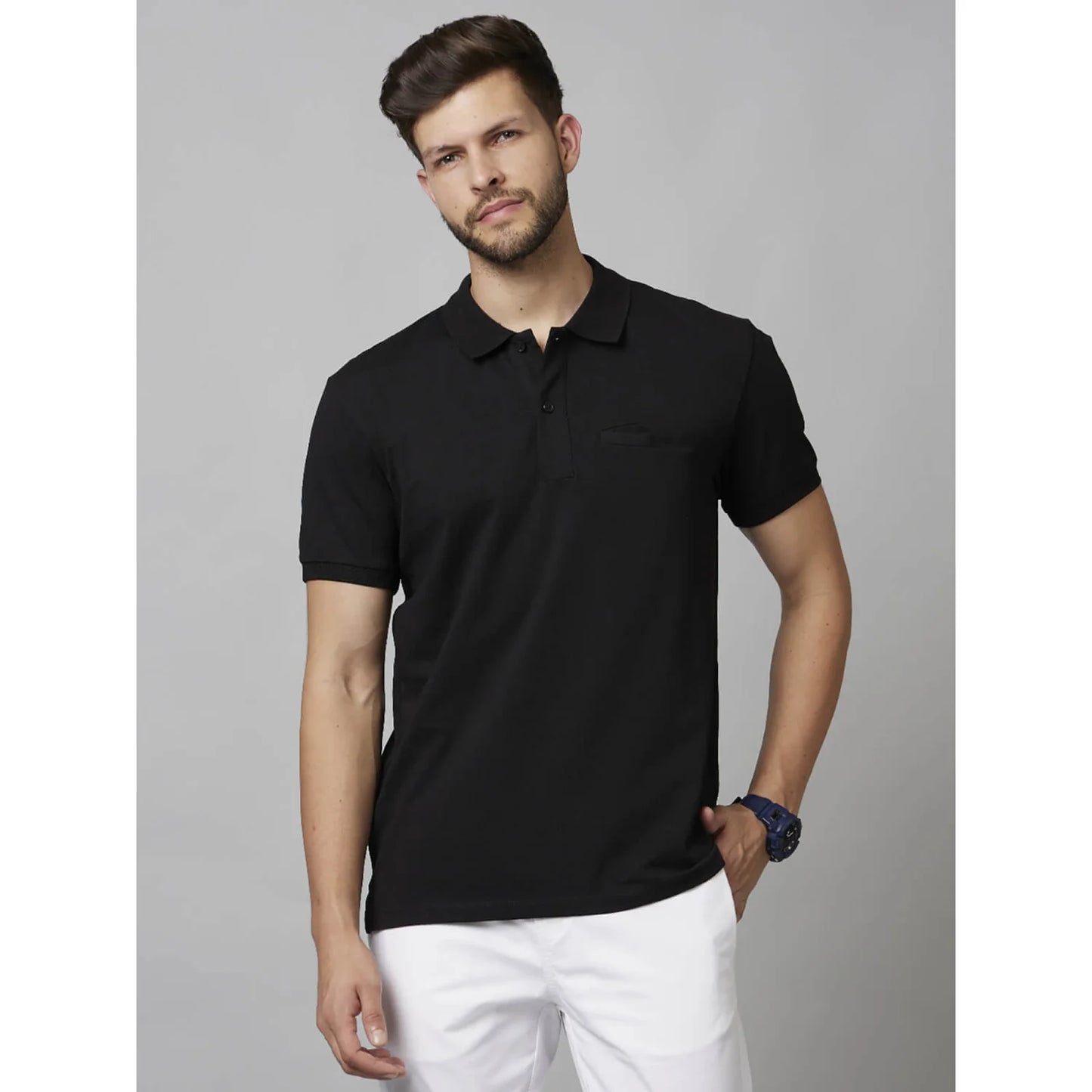 Black Solid Cotton-Poly-Blend Polo