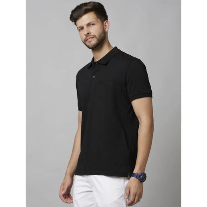 Black Solid Cotton-Poly-Blend Polo