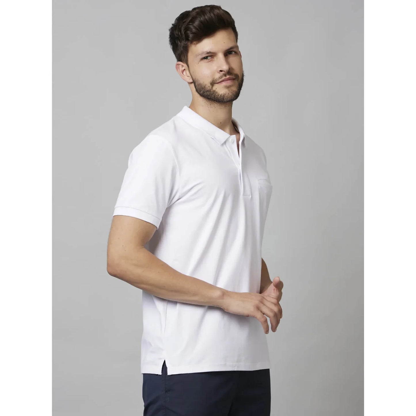 White Solid Cotton-Poly-Blend Polo