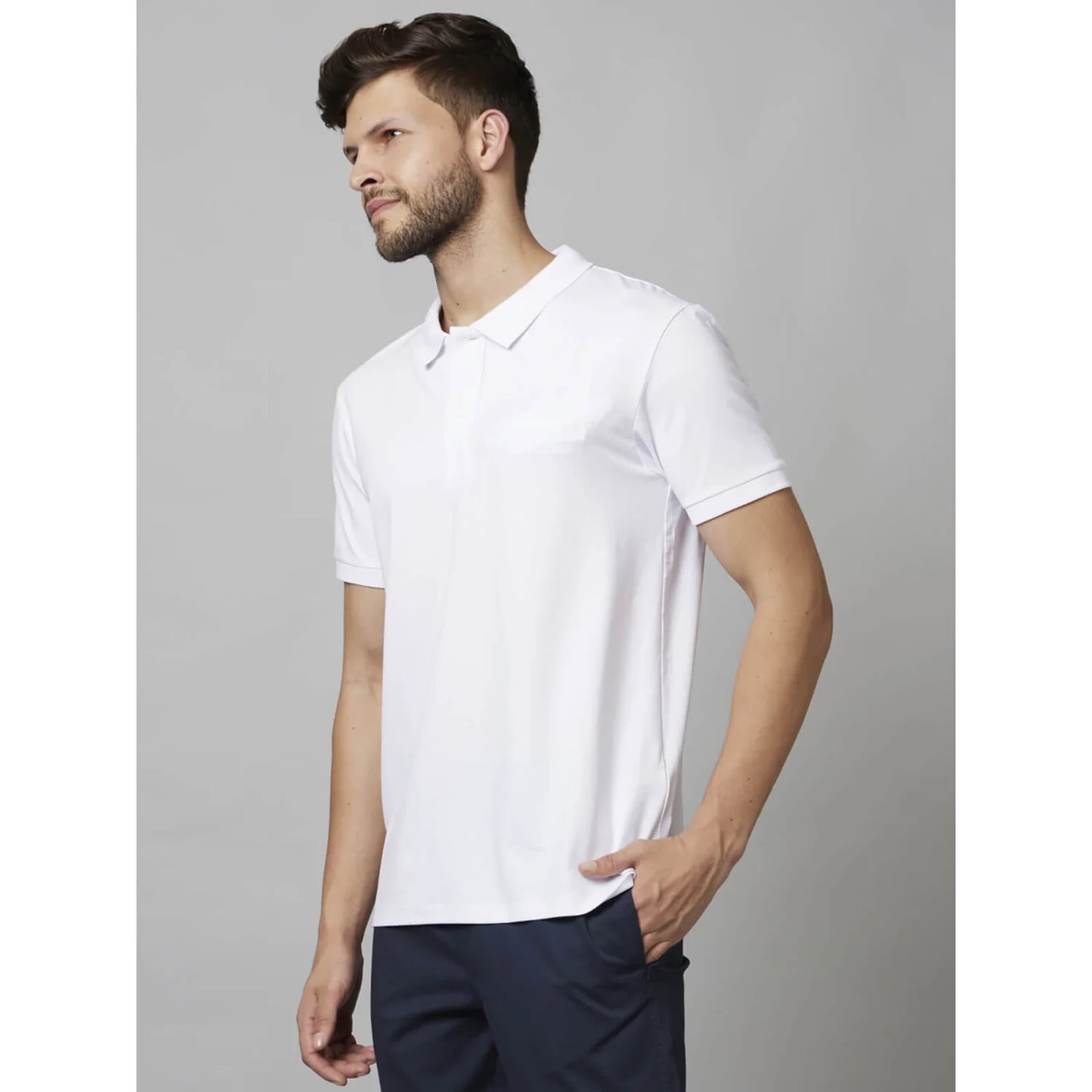 White Solid Cotton-Poly-Blend Polo