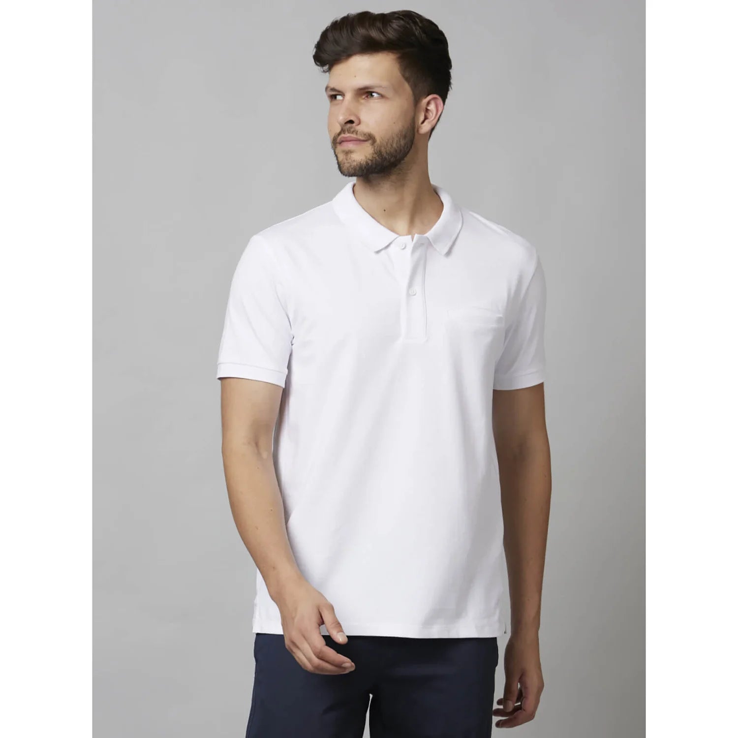 White Solid Cotton-Poly-Blend Polo