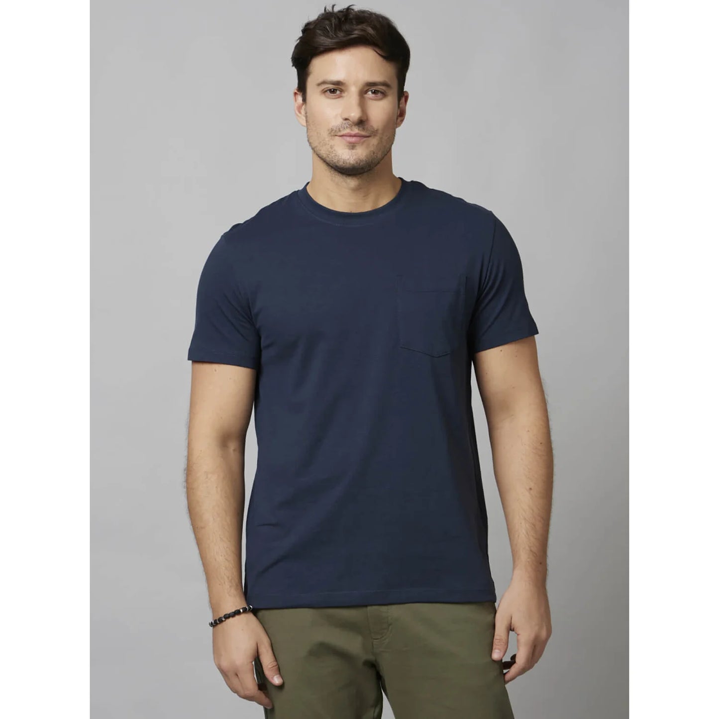 Navy Blue Solid Cotton-Poly-Blend T-shirt