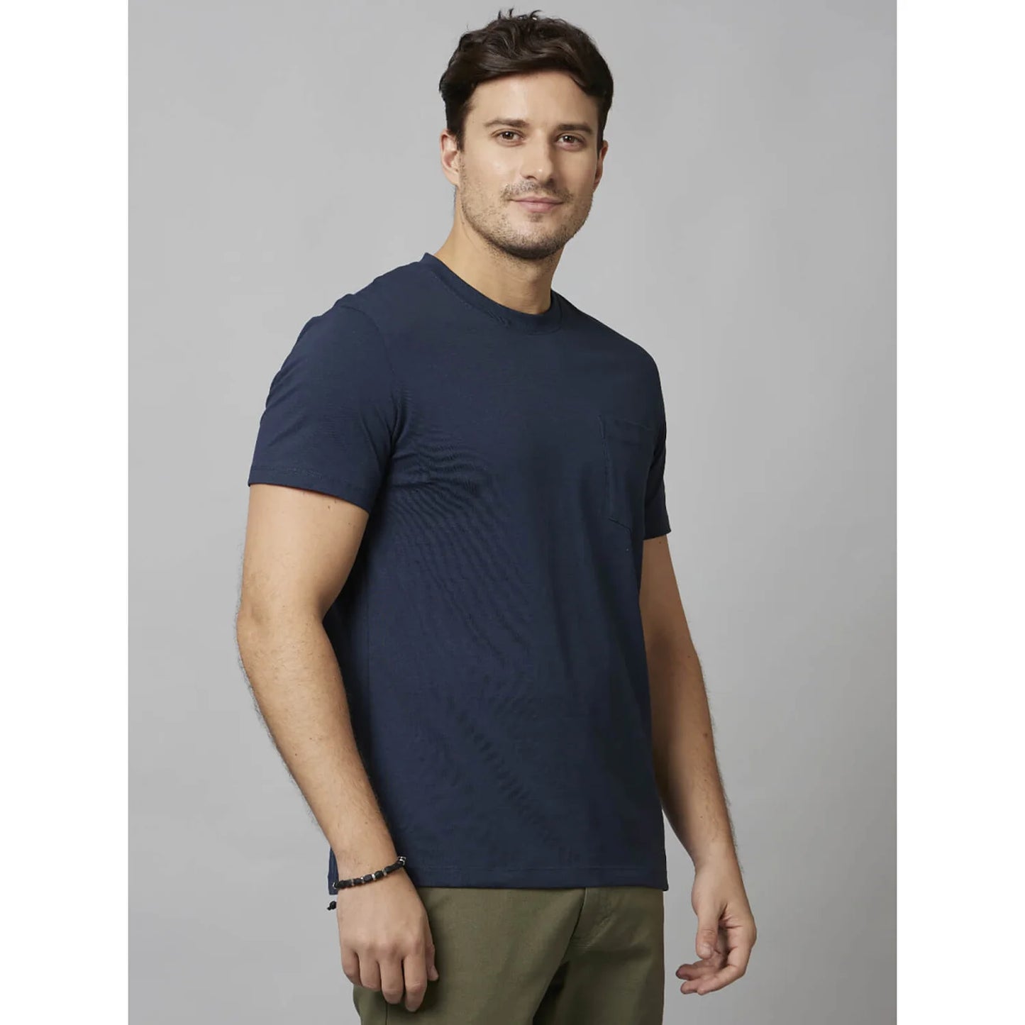 Navy Blue Solid Cotton-Poly-Blend T-shirt