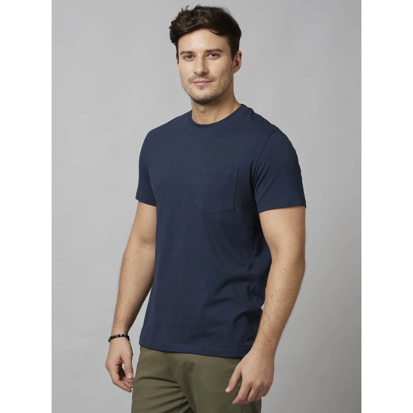 Navy Blue Solid Cotton-Poly-Blend T-shirt