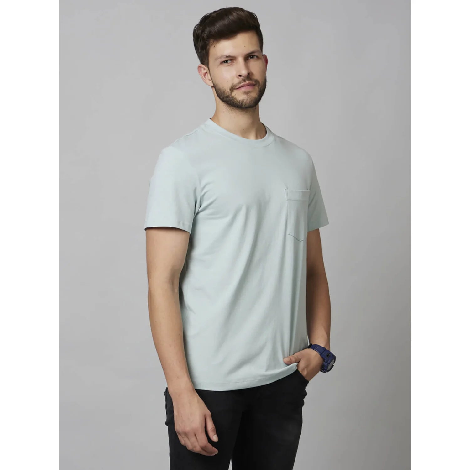 Blue Solid Cotton-Poly-Blend T-shirt