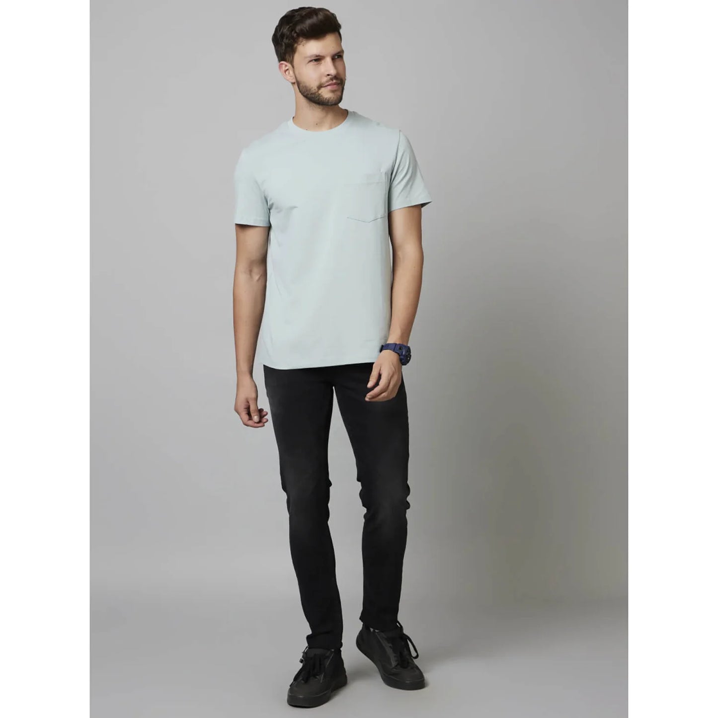 Blue Solid Cotton-Poly-Blend T-shirt